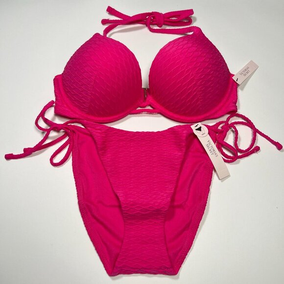 Victoria Secret 32C S Bombshell Push Up Bikini Top Bottom Set Textured Pink - Picture 2 of 9